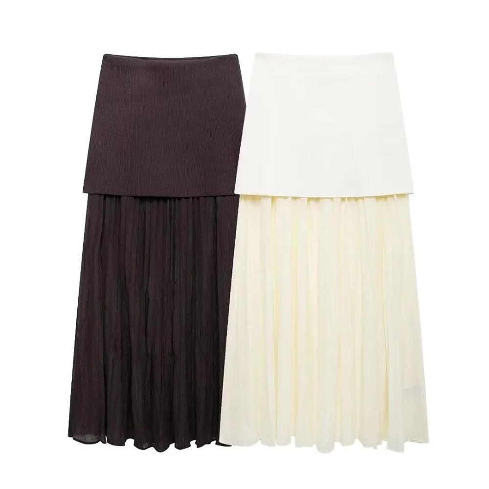 Amazon.com: Women Combined Pleated Knit Skirt Elasticated